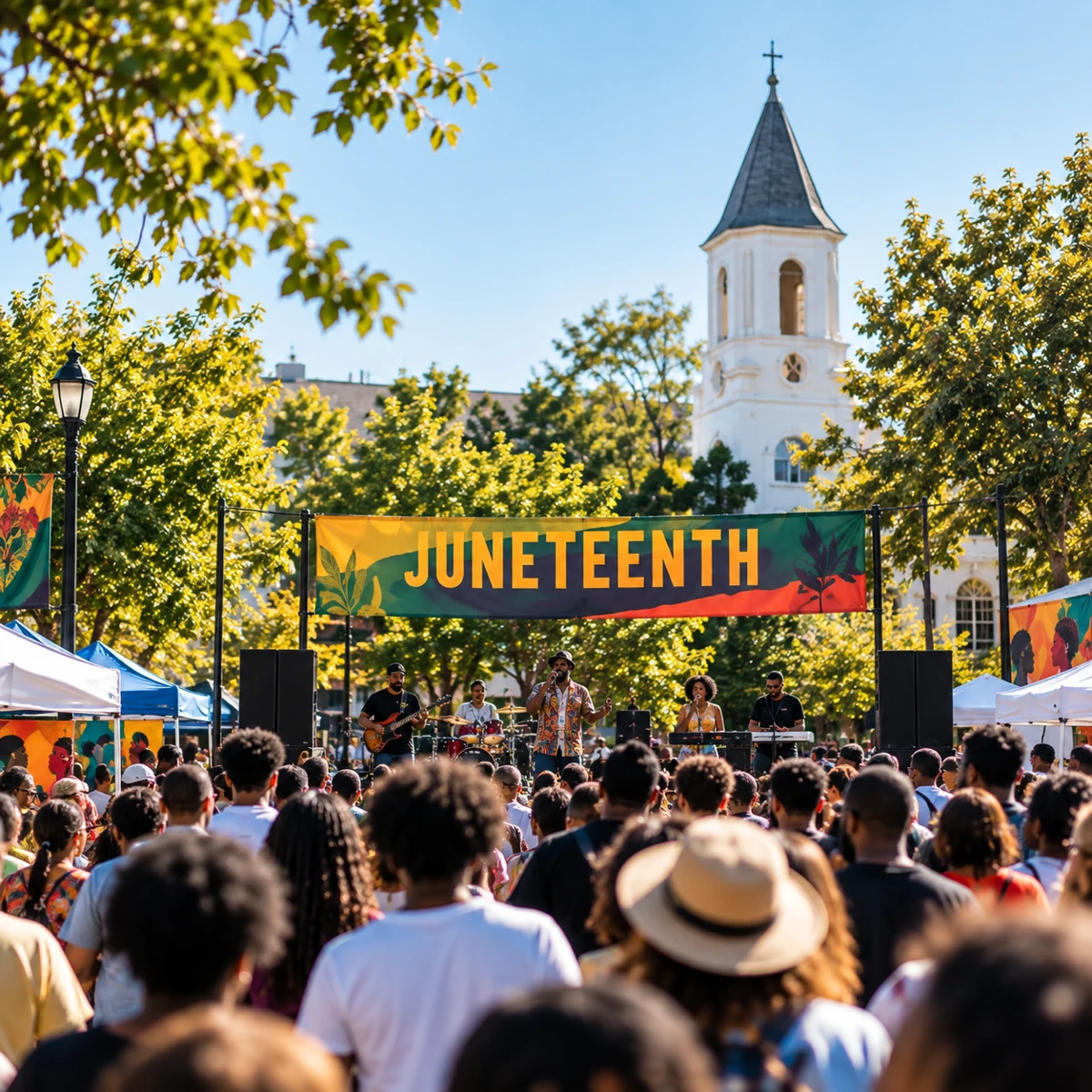 Musicians perform beneath a Juneteenth banner at an outdoor community festival.