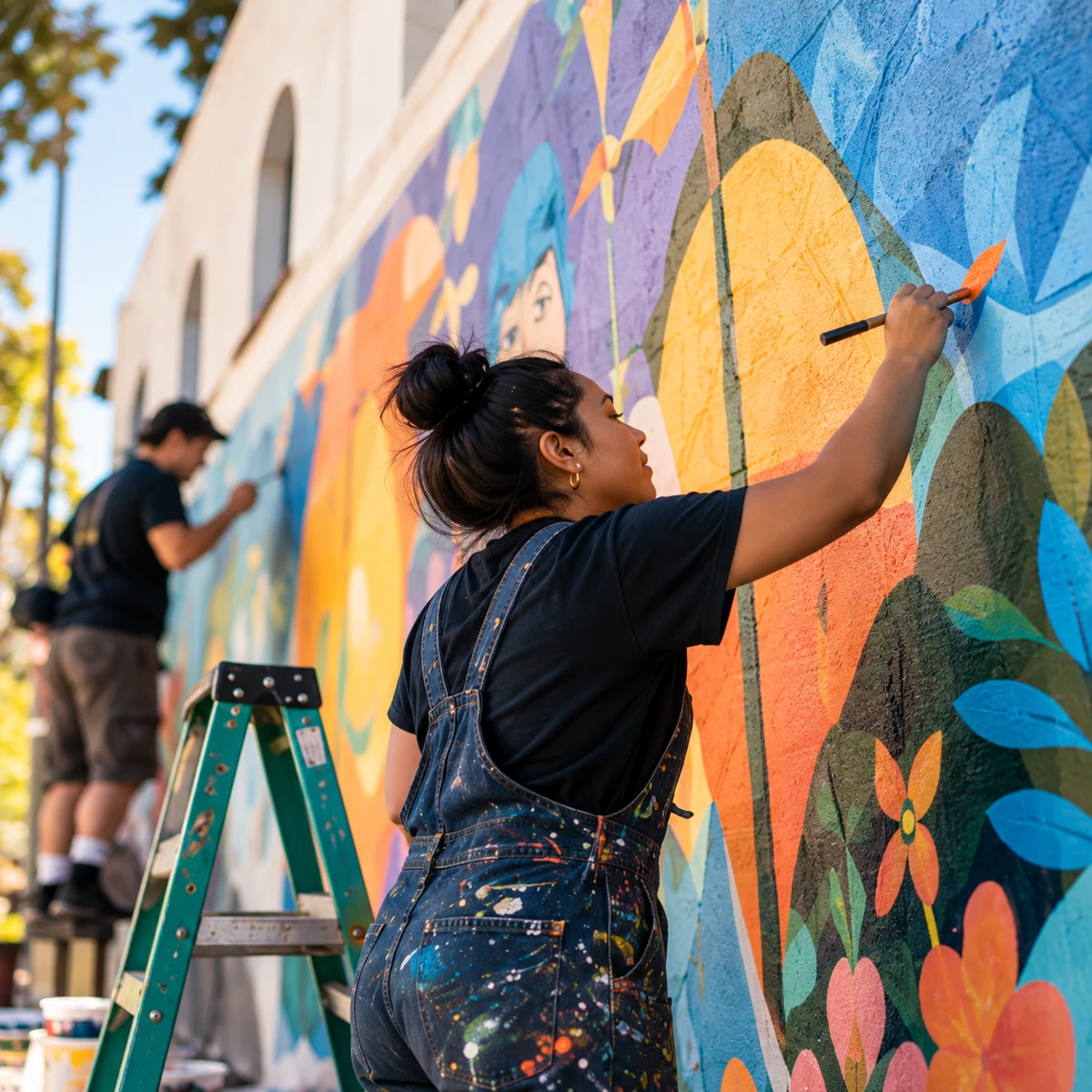 A participant paints a colorful community mural.