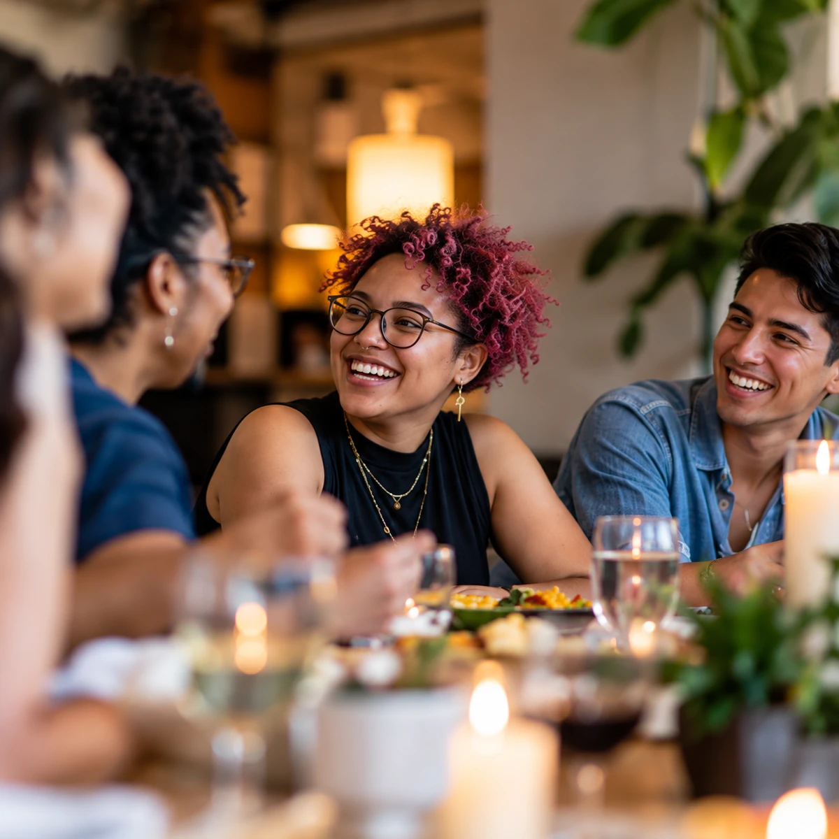 Participants gather around a table for a shared dinner.
