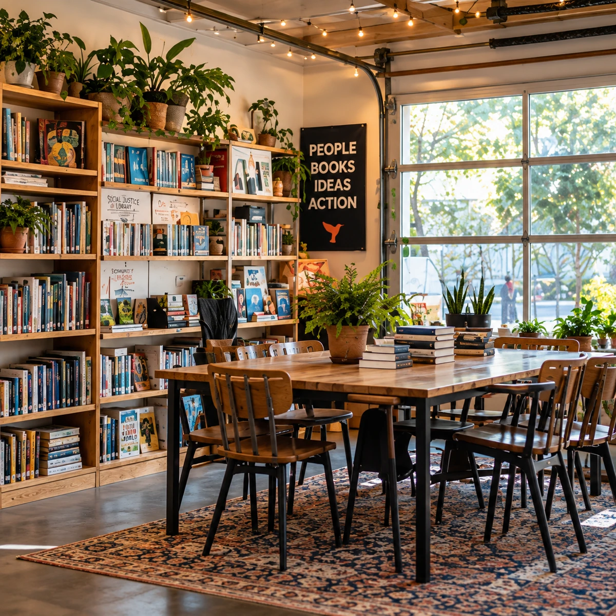 The colorful Social Justice Library with bookshelves and a gathering space.